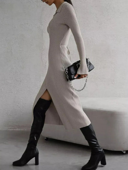 Tied Collared Neck Long Sleeve Sweater Dress Trendsi