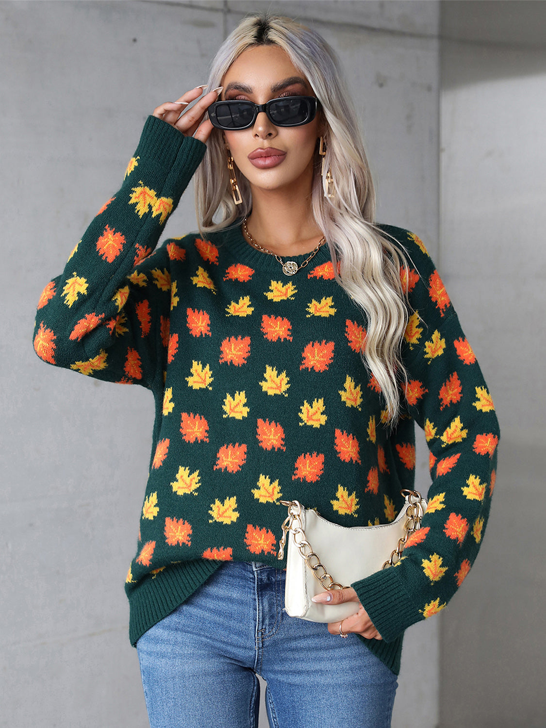 Angel Wings Maple Leaf Round Neck Long Sleeve Sweater Trendsi