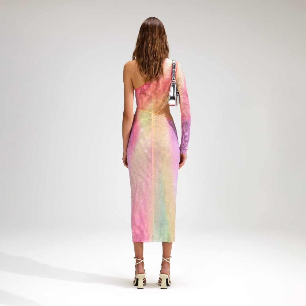 Diagonal Shoulder And Waist Revealing Colored Dress With Slit And Buttocks Wrapped aclosy