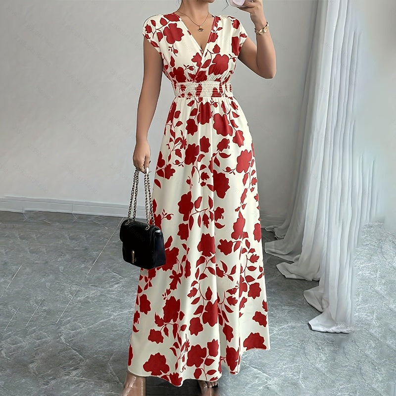 Women's Wrap V Neck Short Sleeve Empire Elastic Waist Summer Casual Elegant Maxi Long Dresses Aclosy