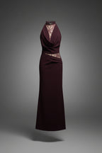 SAVANNAH TERRACOTTA HALTER LACE BODYCON MAXI DRESS