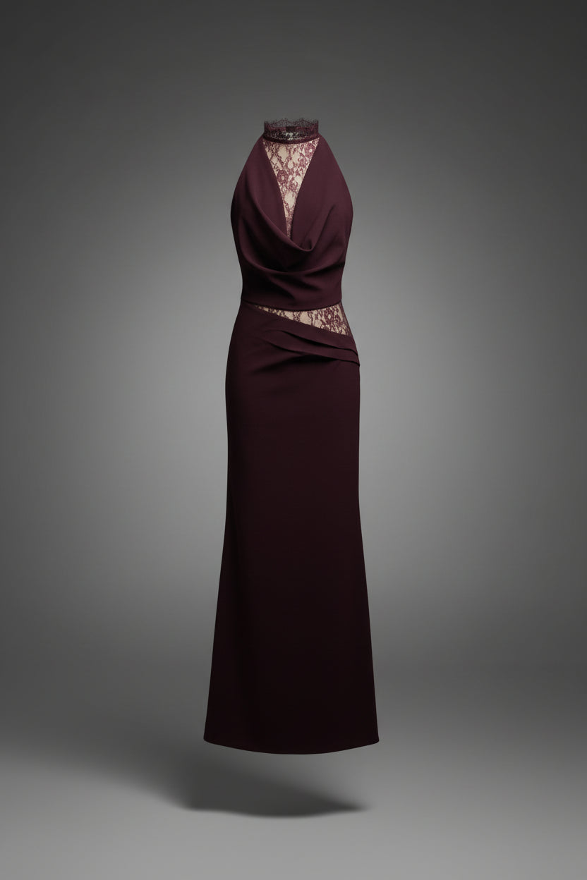 SAVANNAH TERRACOTTA HALTER LACE BODYCON MAXI DRESS
