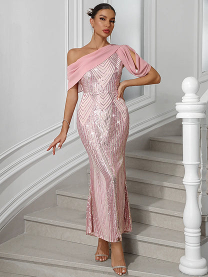 Elegant One-shoulder Sequin Party Maxi Dress