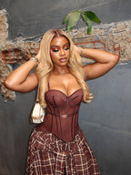 Brown Corset Top and Plaid Handkerchief Skirt Set – Detail View