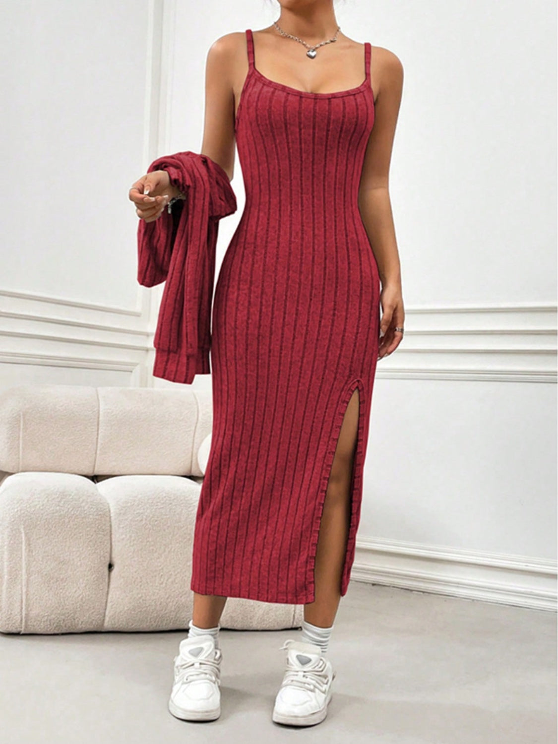 Ribbed Long Sleeve Cropped Cardigan and Slit Cami Dress Set – Aclosy