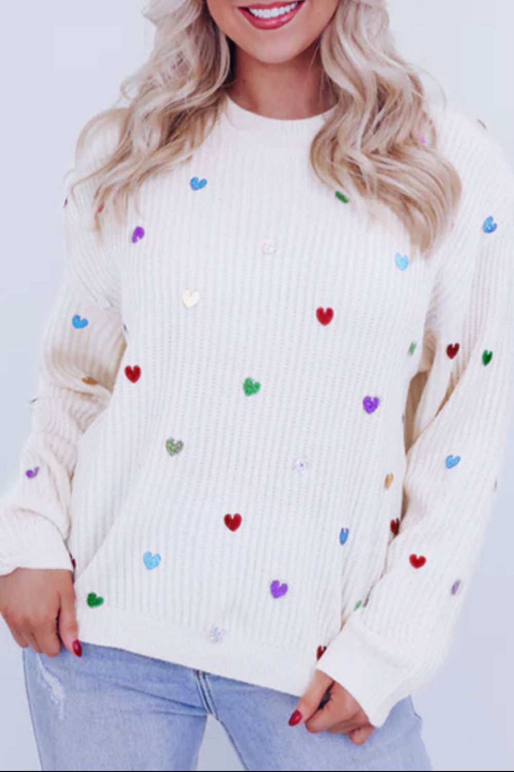 Heart Sequin Round Neck Long Sleeve Sweater Trendsi