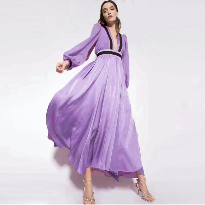 Long Sleeve Purple Waistband Dress Aclosy