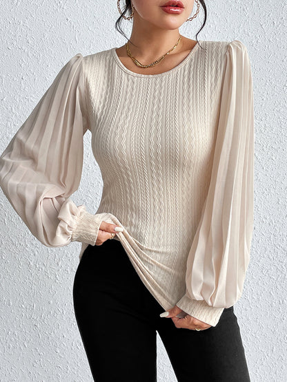 Honey Pleated Puff Sleeve Round Neck Blouse Trendsi