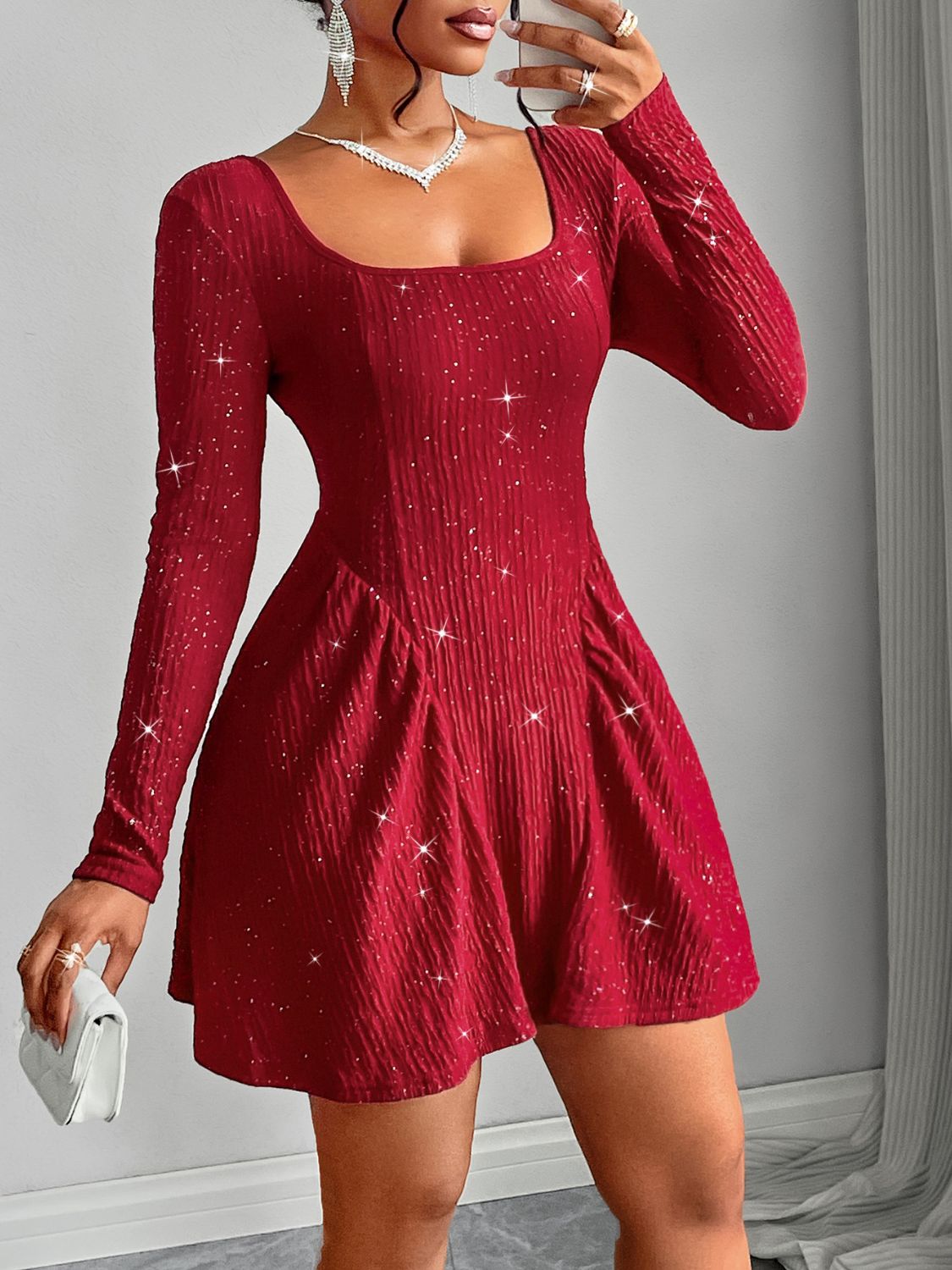 Backless Glitter Square Neck Long Sleeve Mini Dress Trendsi