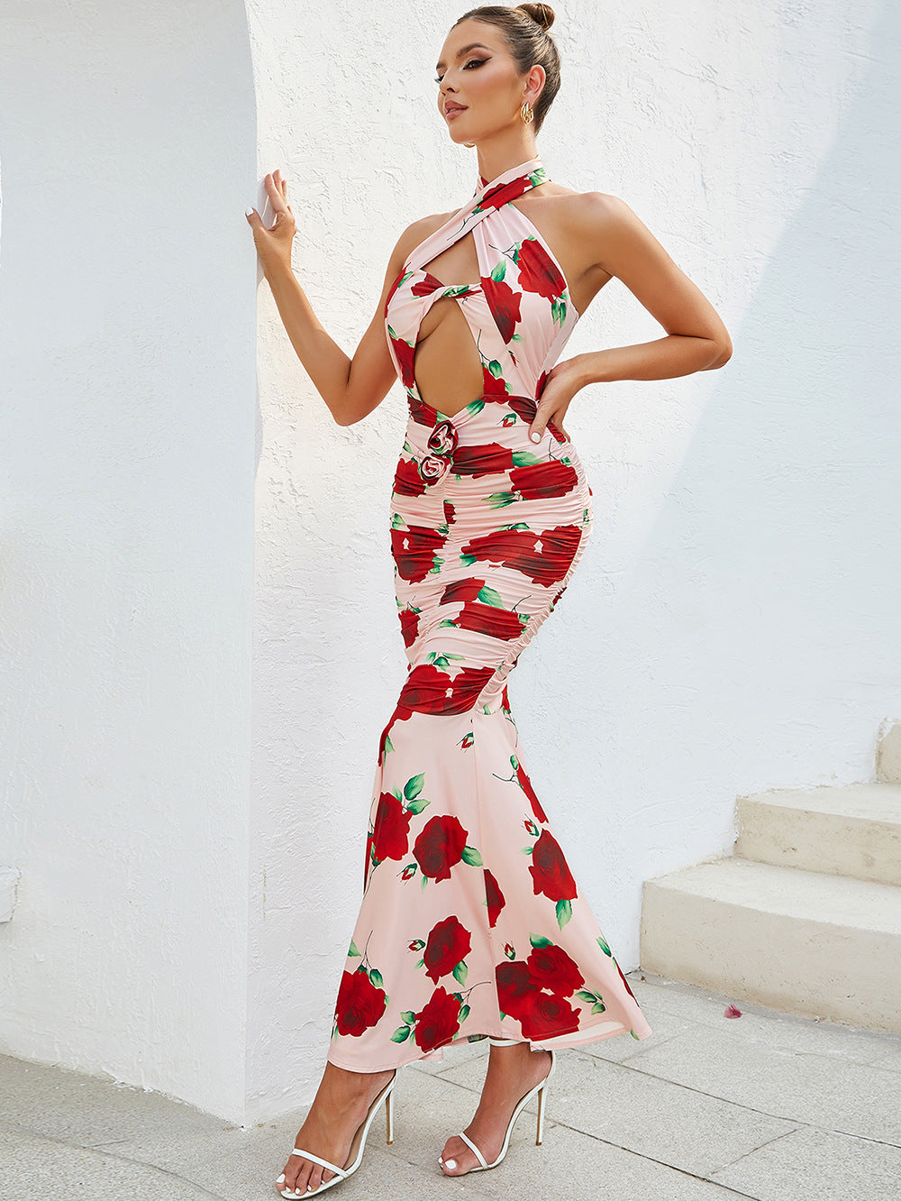 Women's Halter Backless Printed Pleated Ruffled Dress Aclosy