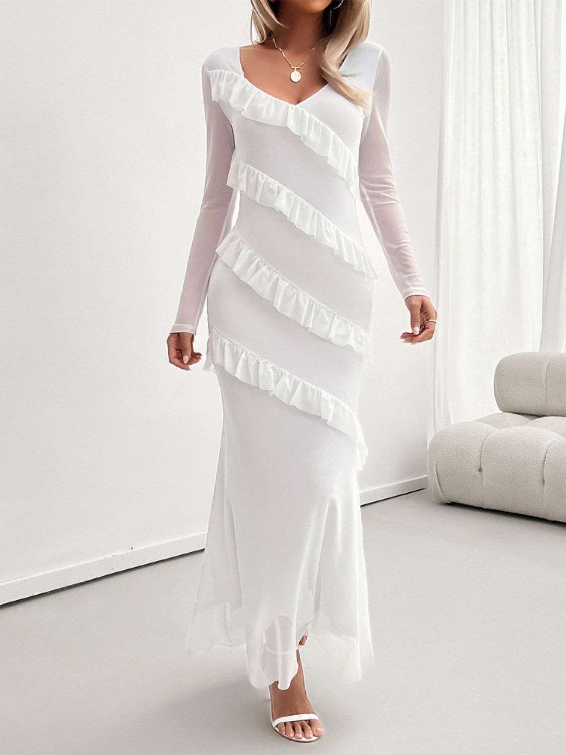 Devine Ruffled Surplice Long Sleeve Maxi Dress Trendsi