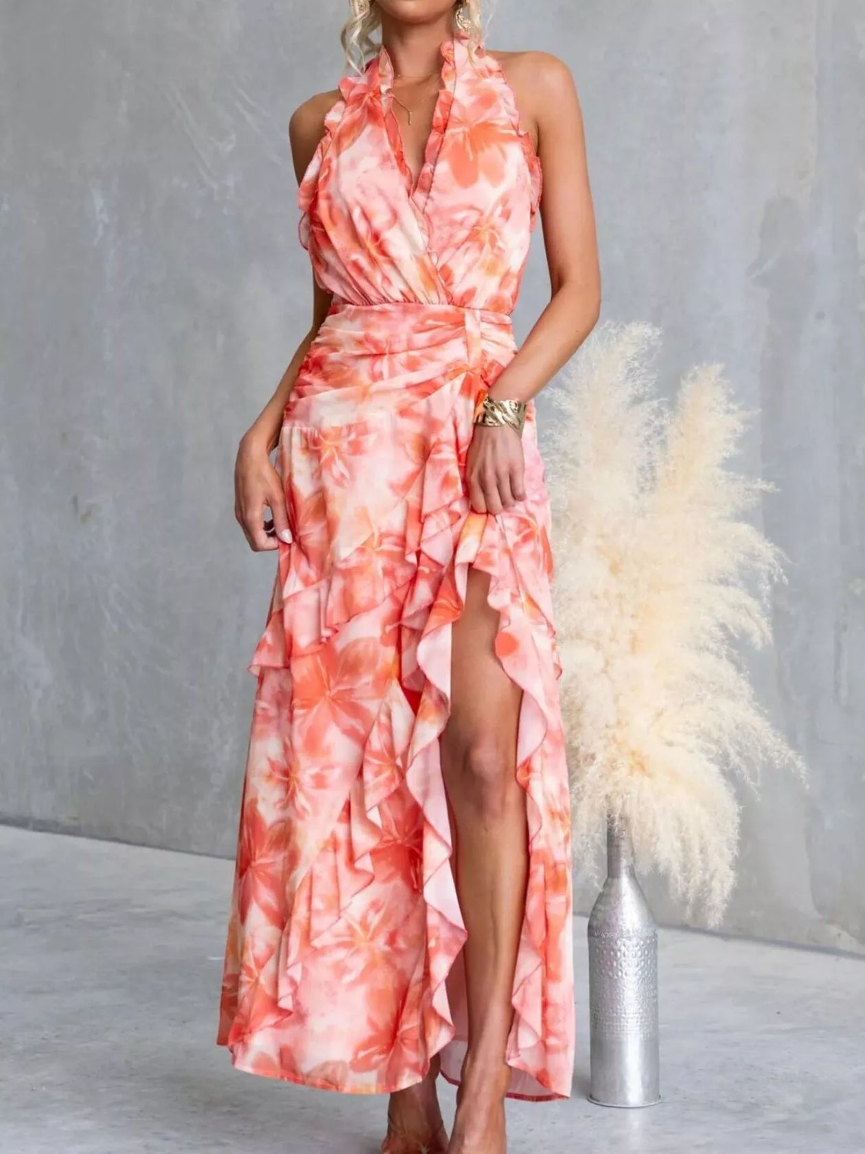 floral ruffle satin wrap maxi dress Kimber Floral Ruffle Maxi Dress  Shop American Threads Boutique Cobalt Floral / L
