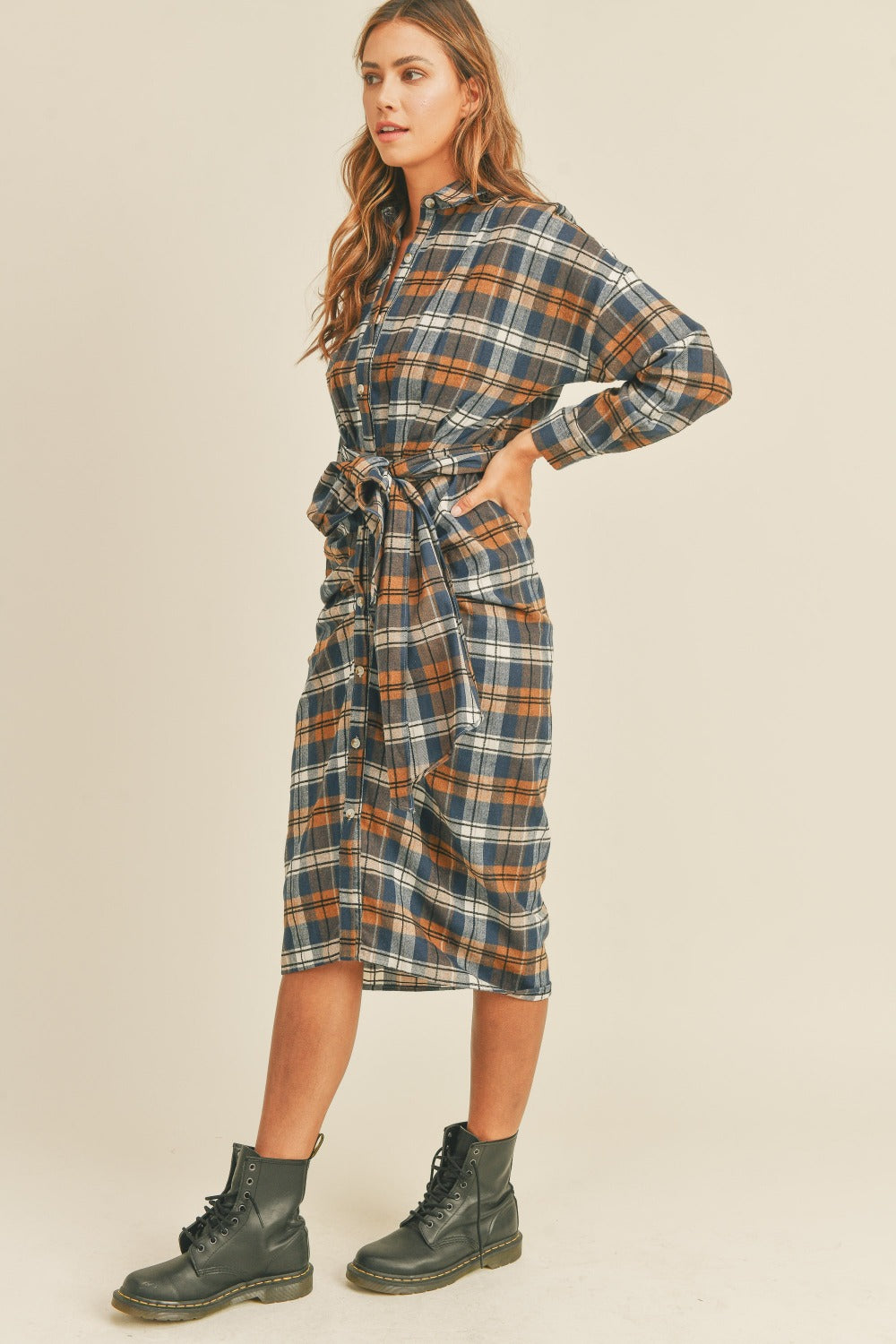 Mable Plaid Flannel Front Tie Button Down Shirt Dress Trendsi