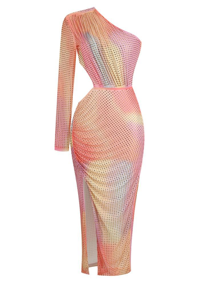Diagonal Shoulder And Waist Revealing Colored Dress With Slit And Buttocks Wrapped aclosy