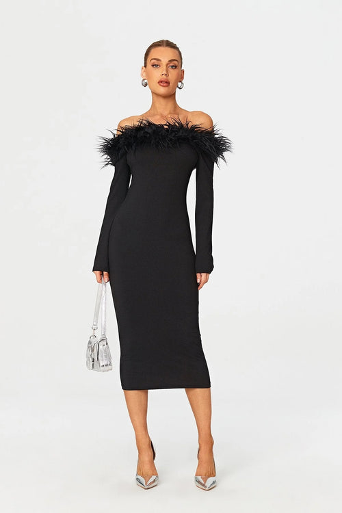 2023 Fashion Sexy Body, Knitted Hair, Shoulder Long -sleeved Dress Aclosy