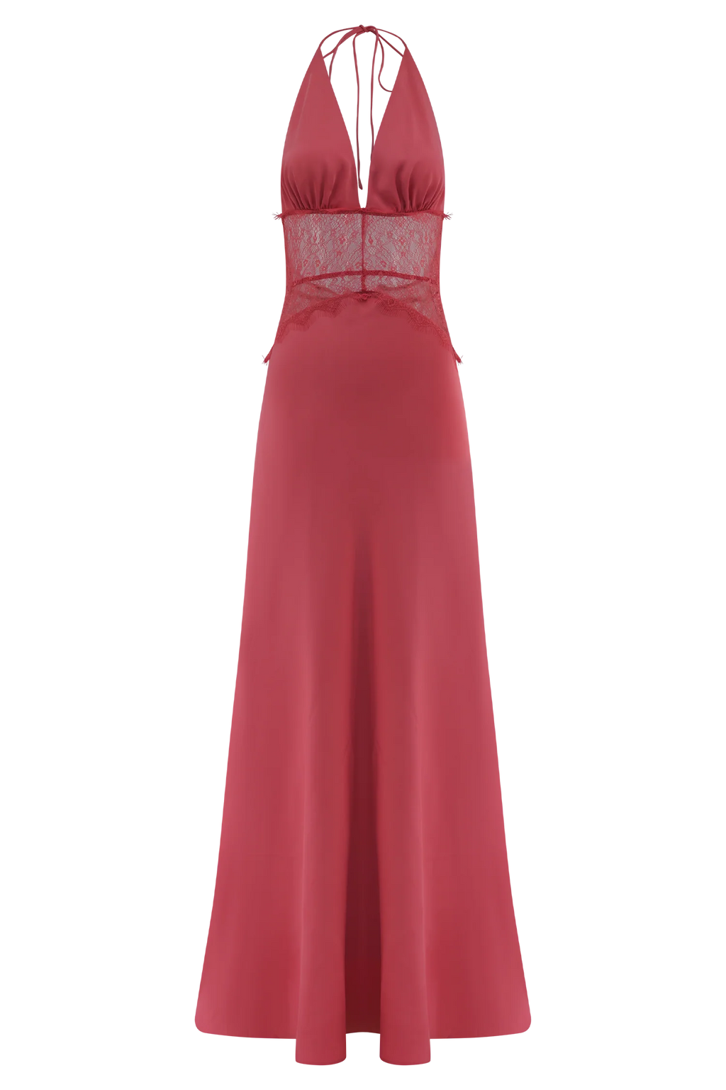 Aesha Backless Halter Dress with Deep V Neck, Satin Patchwork