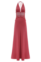 Aesha Backless Halter Dress with Deep V Neck, Satin Patchwork