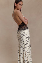 Aesha Backless Halter Dress with Deep V Neck, Satin Patchwork