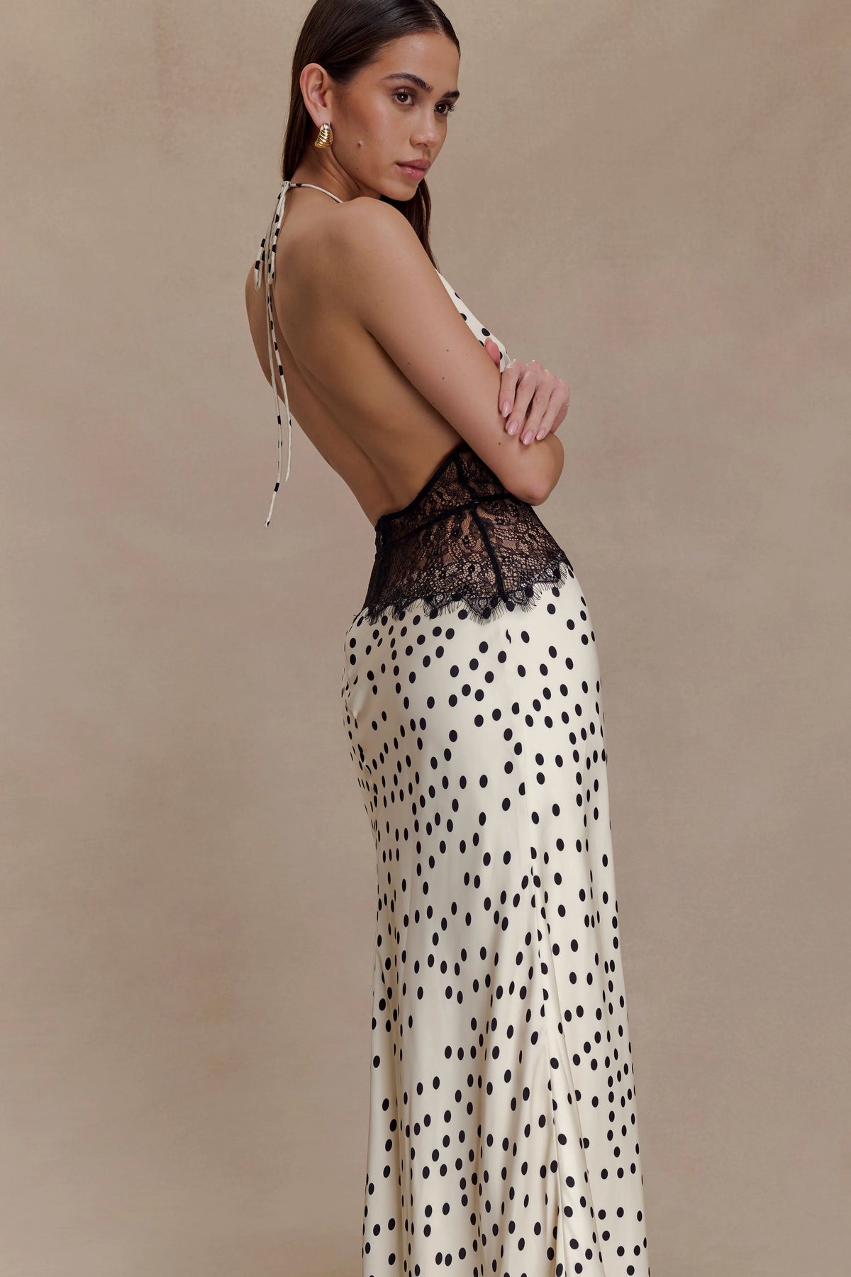 Aesha Backless Halter Dress with Deep V Neck, Satin Patchwork