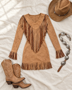 Dakota Fringe Suede V-Neck Long Sleeve Mini Dress