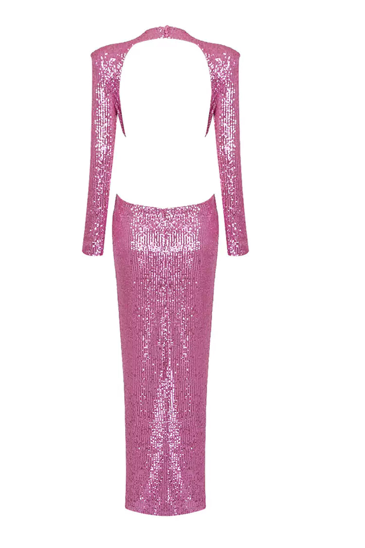 Lesya Round Neck Flower Waist Button Sequin Dress aclosy