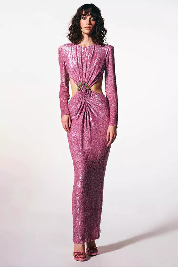 Lesya Round Neck Flower Waist Button Sequin Dress aclosy