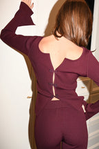 Square Collar Short Shirt Buckle  Burgundy Knitted Two-piece