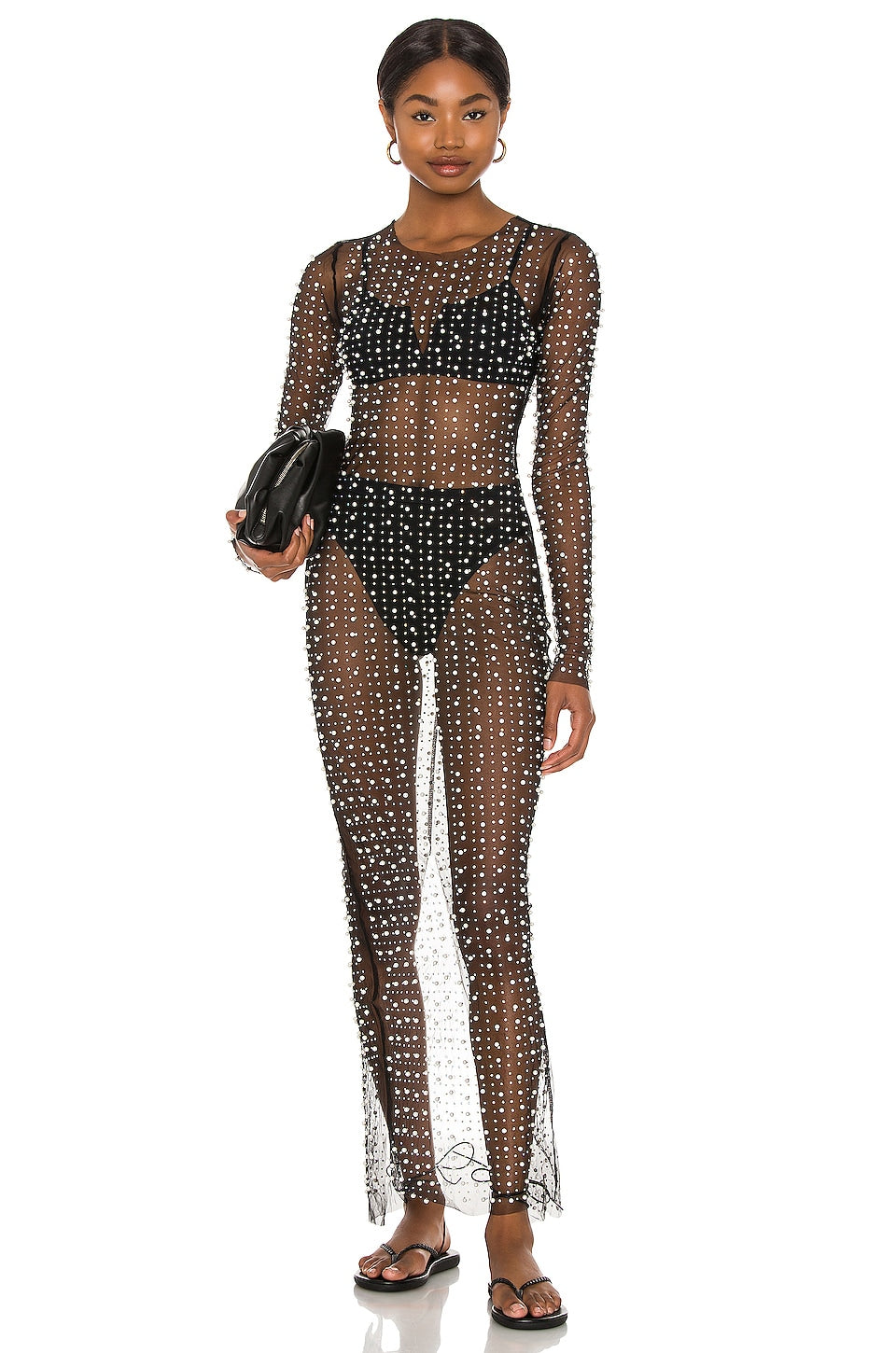 See-through Bright Diamond Bubble Bead Beach Dress Mesh Long Sleeve aclosy