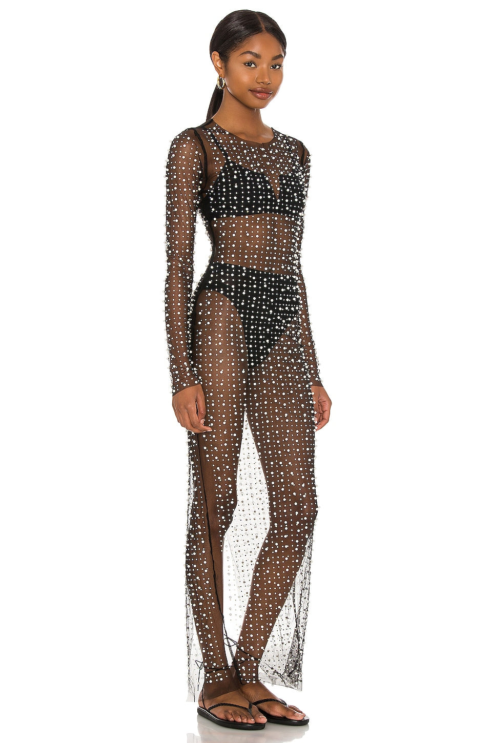 Robe de plage transparente en perles de bulles de diamants brillants en maille à manches longues
