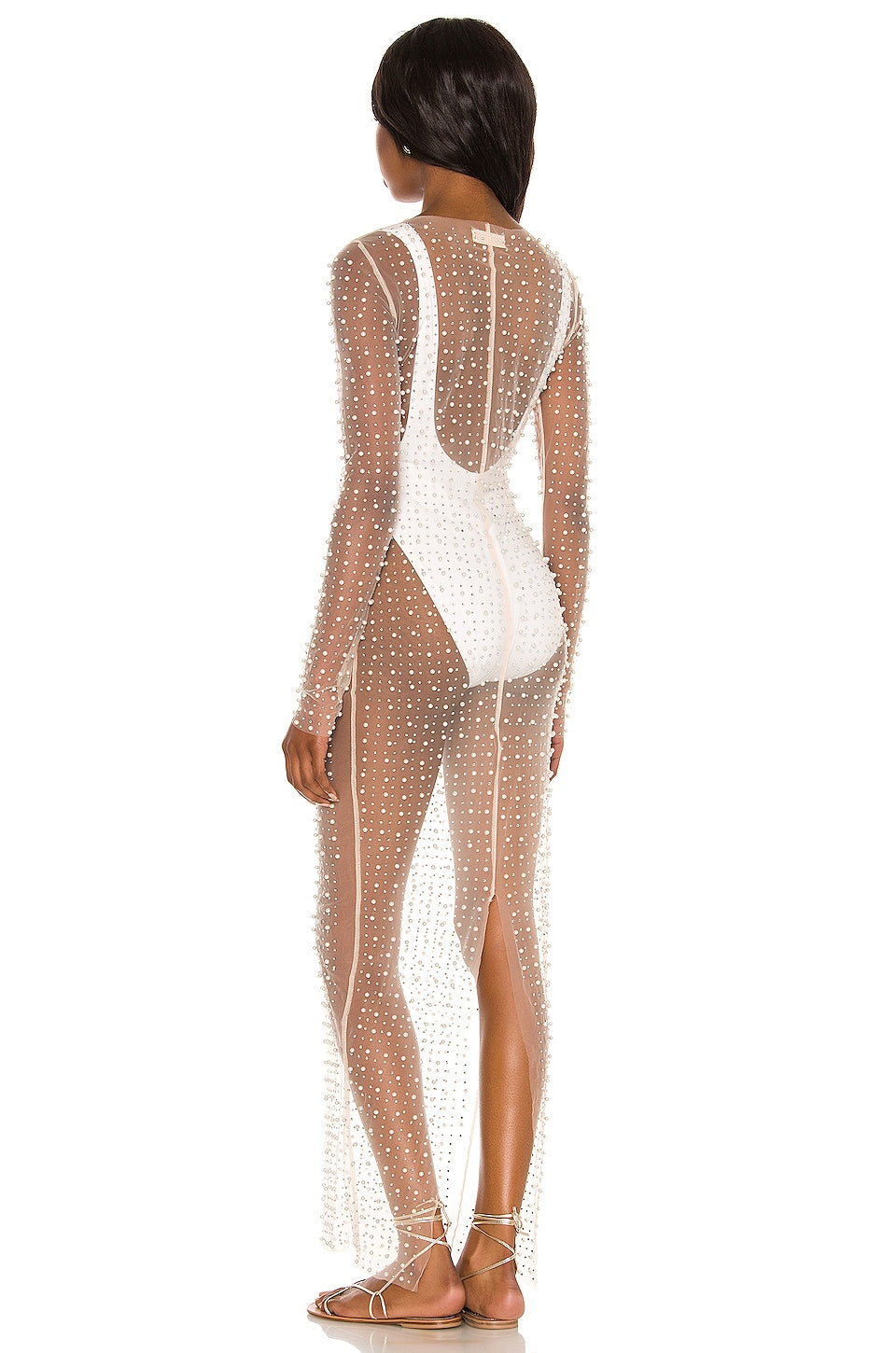 See-through Bright Diamond Bubble Bead Beach Dress Mesh Long Sleeve aclosy
