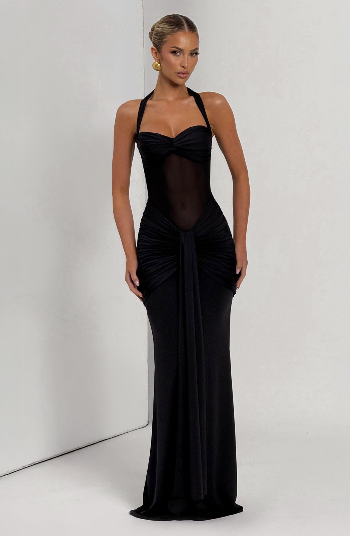 Halter Neck Backless Ruched Maxi Dress
