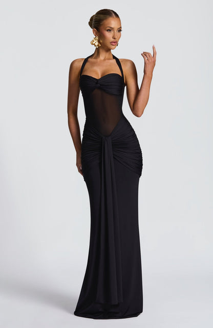 Halter Neck Backless Ruched Maxi Dress