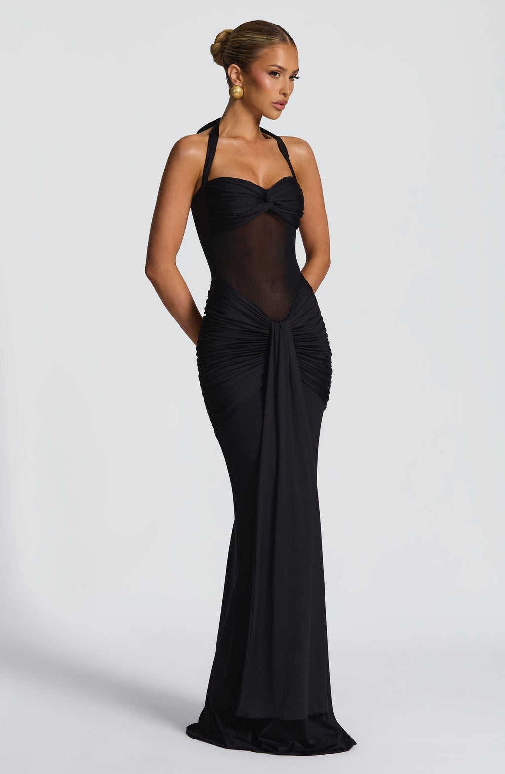 Halter Neck Backless Ruched Maxi Dress