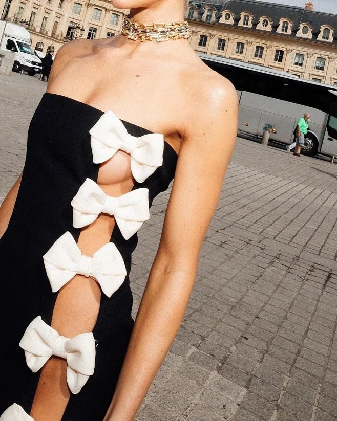 Women's Bandage Dress Black Tube Top White Bow Aclosy