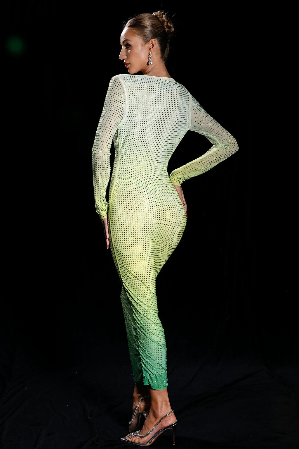 Gradient Green Shiny Rhinestone Deep V Sheath Dress aclosy