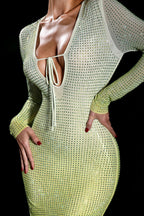 Gradient Green Shiny Rhinestone Deep V Sheath Dress aclosy