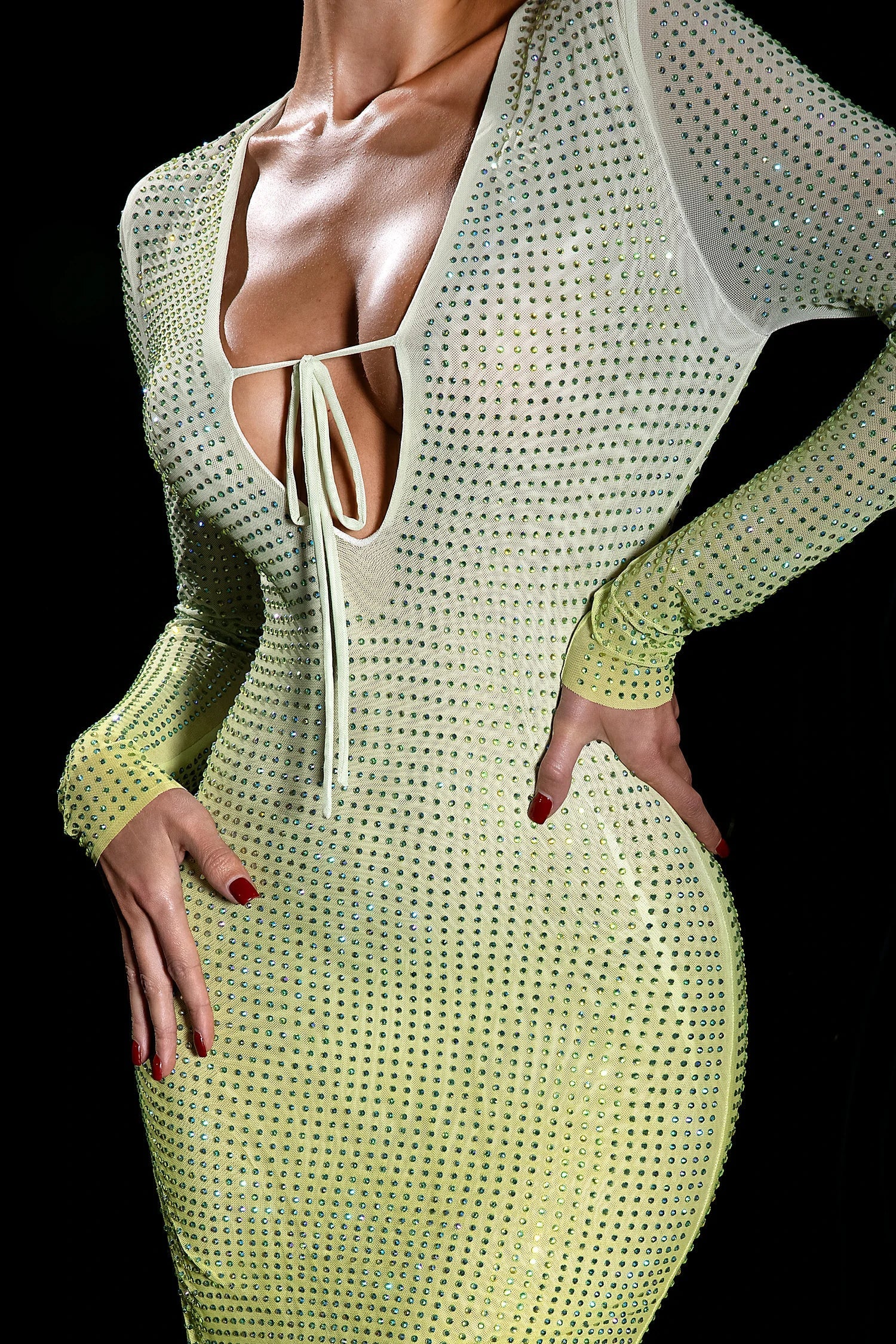 Gradient Green Shiny Rhinestone Deep V Sheath Dress aclosy