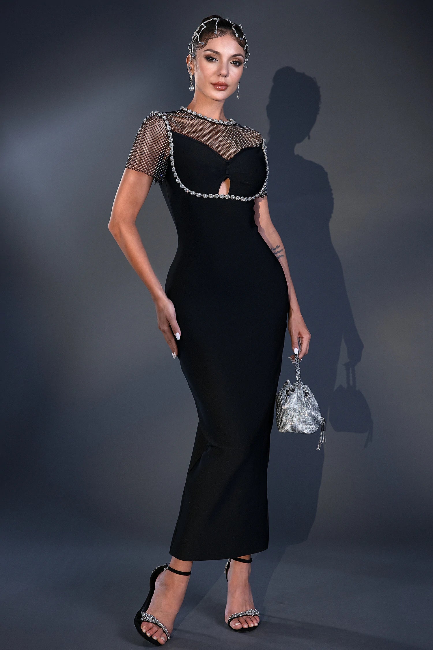 Grid Diamond Bandage Dress Ladies Party Banquet Dress Aclosy