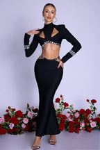 Shiny Rhinestone Hollow Top Sheath Long Belt Suit Dress Aclosy