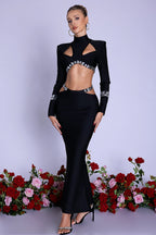 Shiny Rhinestone Hollow Top Sheath Long Belt Suit Dress Aclosy