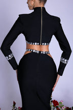 Shiny Rhinestone Hollow Top Sheath Long Belt Suit Dress Aclosy
