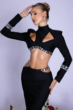 Shiny Rhinestone Hollow Top Sheath Long Belt Suit Dress Aclosy