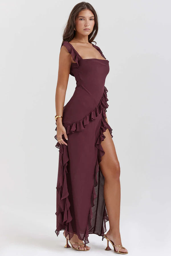 Split Ruffled Square Neck Maxi Dress