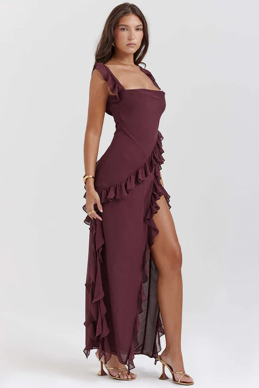 Split Ruffled Square Neck Maxi Dress