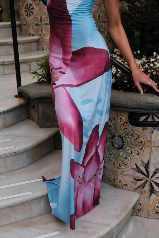 Women's Fashionable Elegant Floral Print Slim Strap Dress Aclosy