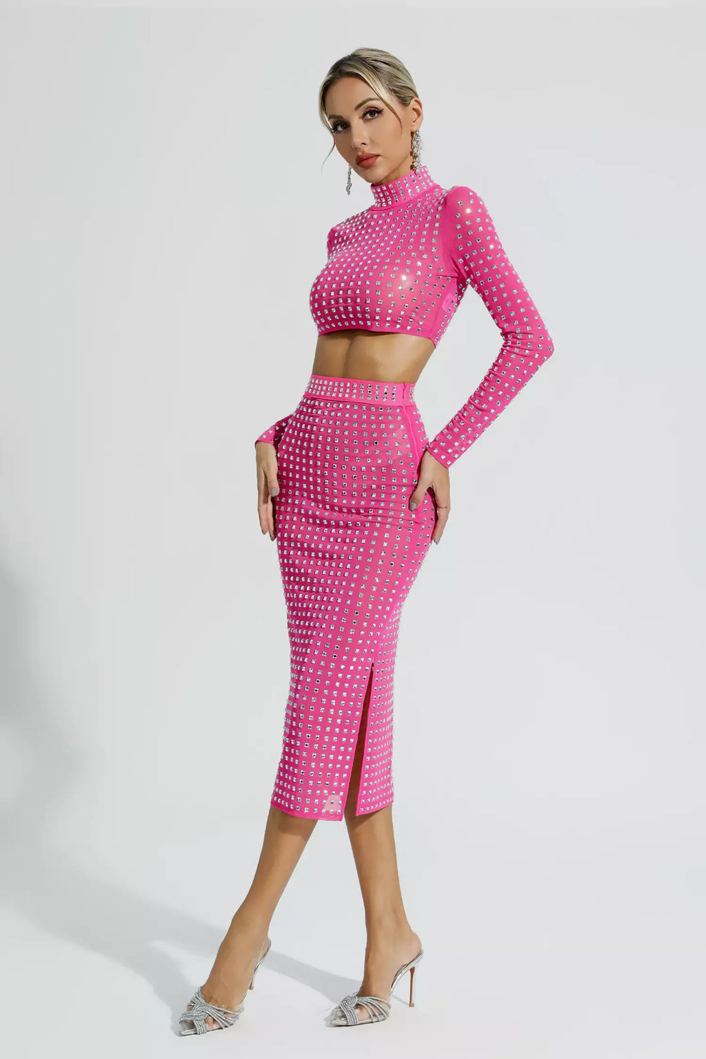 Hot Girl Women's Fashion Rivet Elastic Tight Skirt Suit aclosy