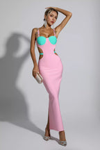 Women's Contrast Panelled Sling Halter A-Line Skirt aclosy