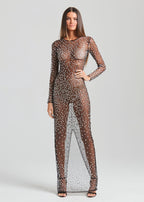 Rhinestone Blouse Mesh Long Sleeve Split Dress aclosy