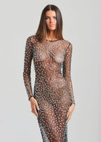 Rhinestone Blouse Mesh Long Sleeve Split Dress aclosy