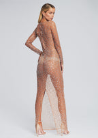 Rhinestone Blouse Mesh Long Sleeve Split Dress aclosy